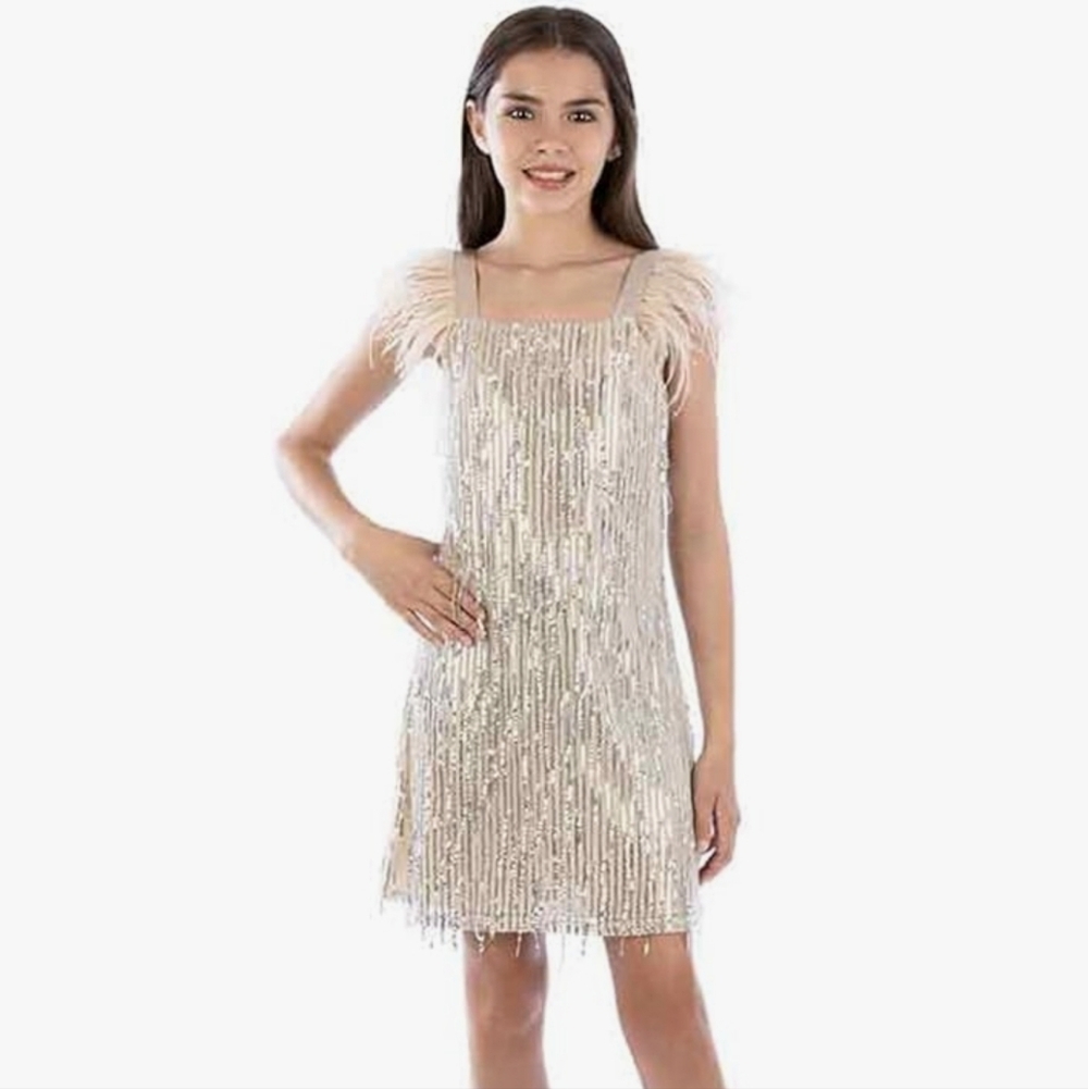 Big Girls Short Sleeve Sequin Dress with Feather Shoulder Size 16